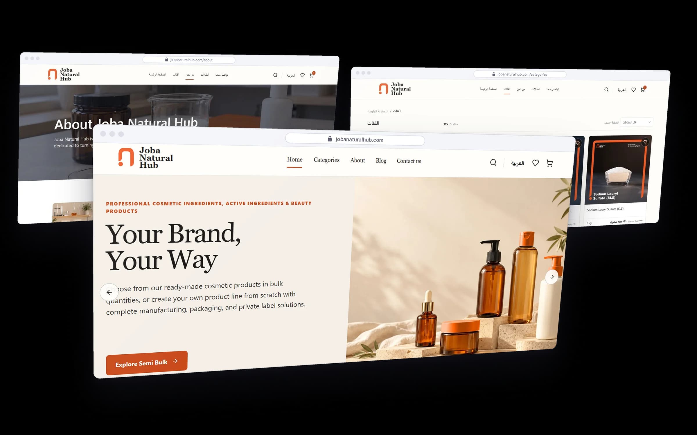 Joba Natural Hub home page, product catalogue and about page in browser windows